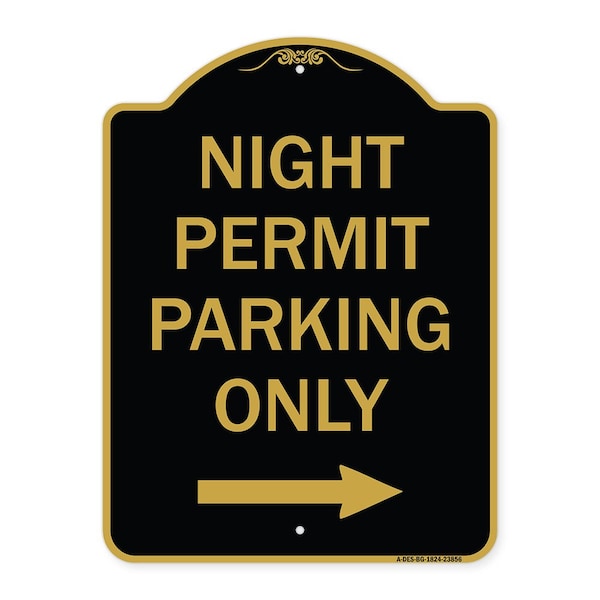 Signmission Night Permit Parking W/ Right Arrow, Black & Gold Aluminum Sign, 18" x 24", BG-1824-23856 A-DES-BG-1824-23856 - main